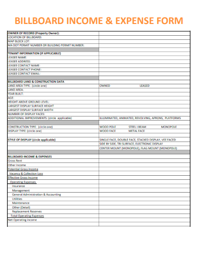sample billboard income and expense form template