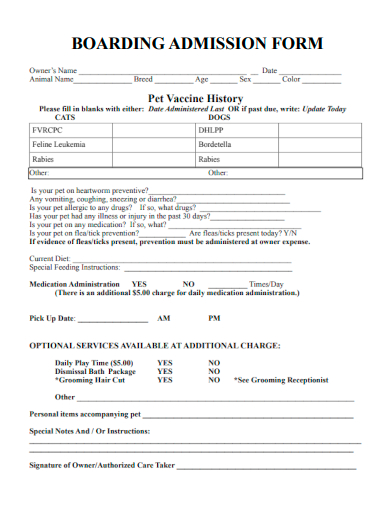 sample boarding admission form template