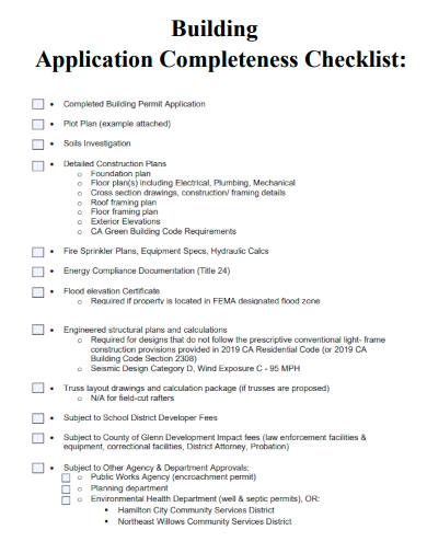 sample building application completeness checklist template