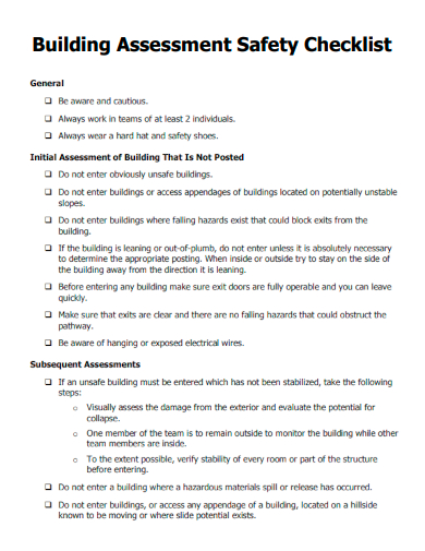 sample building assessment safety checklist template