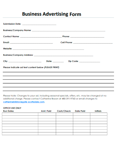 sample business advertising form template