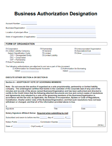 sample business authorization designation template