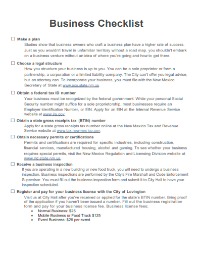 sample business checklist basic template