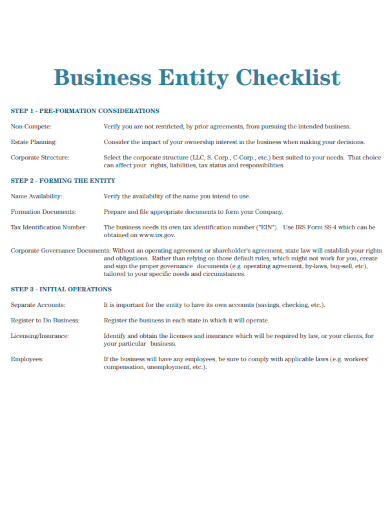 sample business entity checklist template
