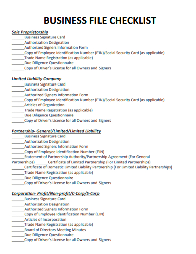 sample business file checklist template