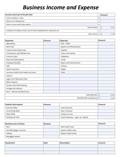 sample business income and expense form template