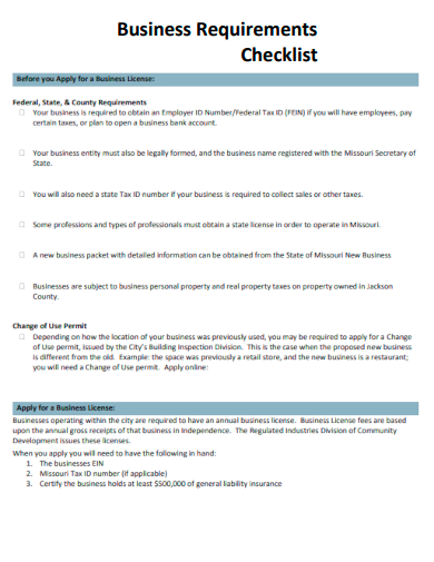 sample business requirements checklist template