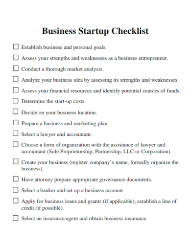 sample business startup checklist form template