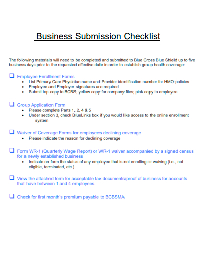 sample business submission checklist template