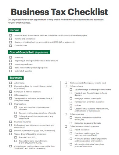 sample business tax checklist template