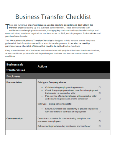 sample business transfer checklist template