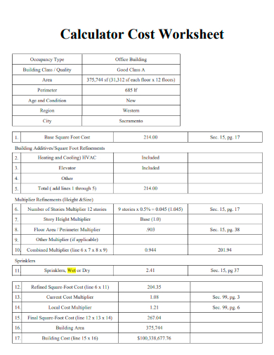 sample calculator cost worksheet template