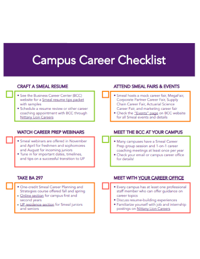 sample campus career checklist template