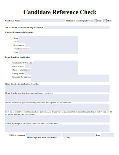 sample candidate reference check form template