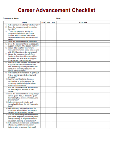 sample career advancement checklist template