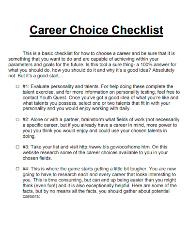 sample career choice checklist template