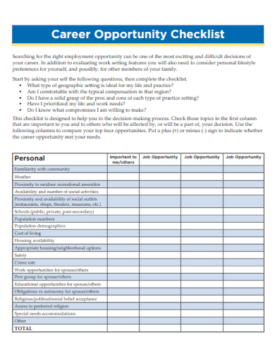 sample career opportunity checklist template