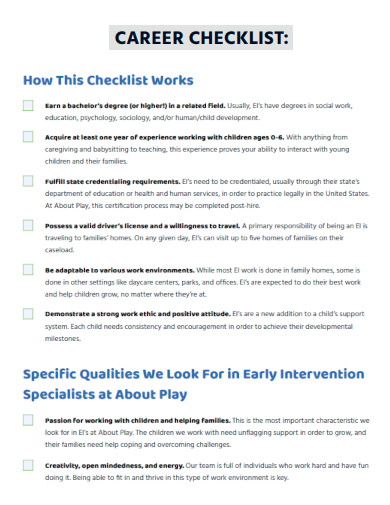 sample career standard checklist template