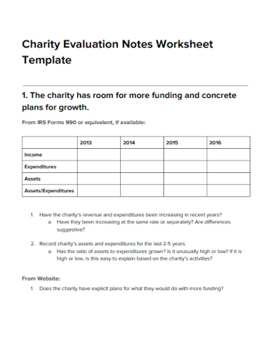 sample charity evaluation notes worksheet template