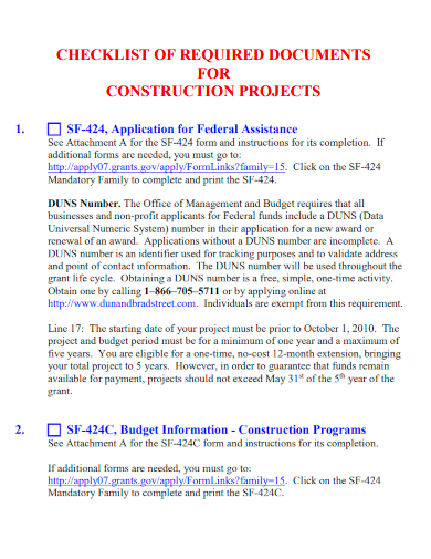 sample checklist for documents construction projects template