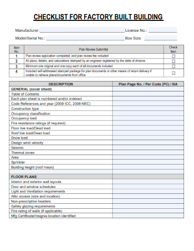 sample checklist for factory built building template