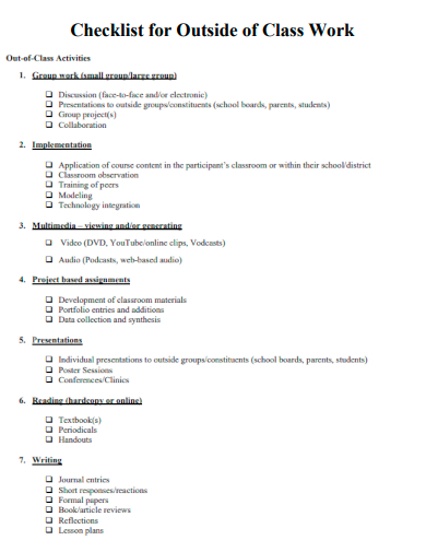 sample checklist for outside of class work template