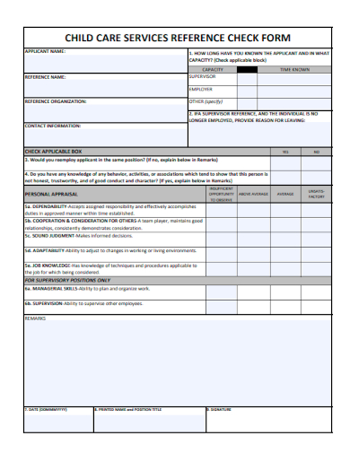 sample child care services reference check form template