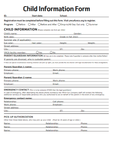 sample child information form template
