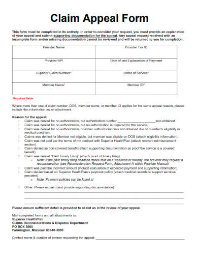 sample claim appeal form template