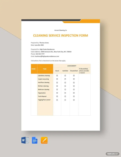 sample cleaning service inspection form template