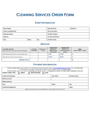 sample cleaning services order form template