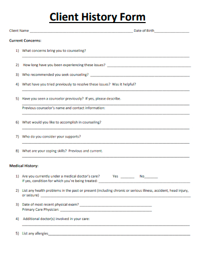 sample client history form template