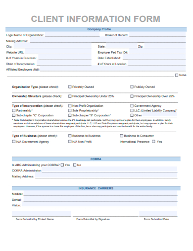 sample client information form template