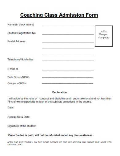 sample coaching class admission form template