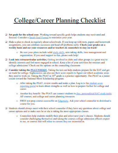 sample college career planning checklist template