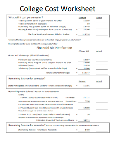 sample college cost worksheet template