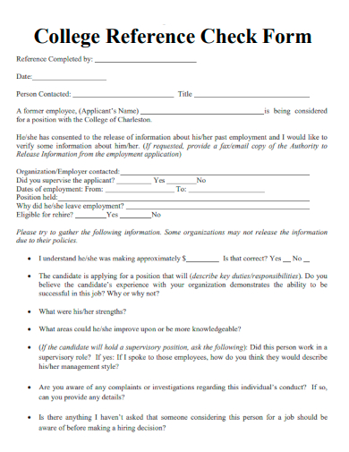 sample college reference check form template