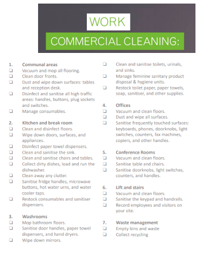 sample commercial cleaning work checklist template
