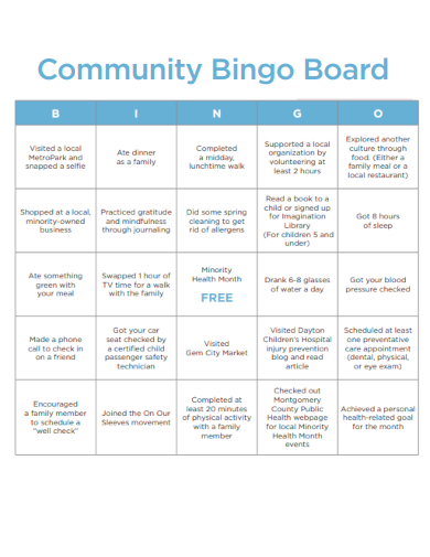 sample community bingo board template