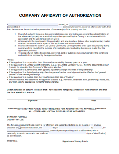 sample company affidavit authorization template