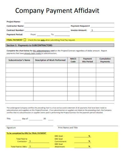 sample company payment affidavit template