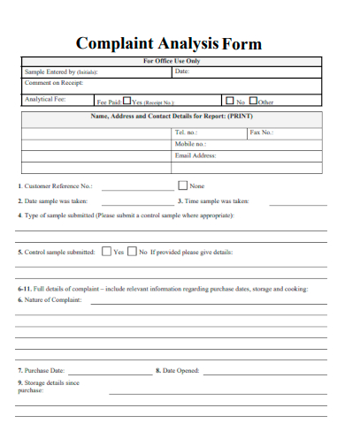 sample complaint analysis form template