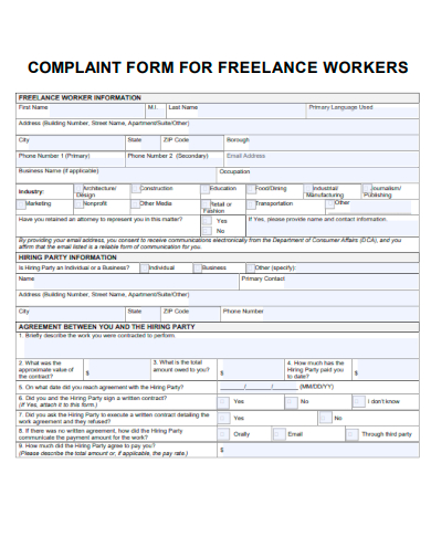 sample complaint form for freelance workers template