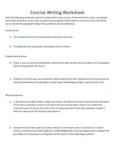 sample concise writing worksheet template