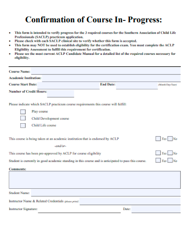 sample confirmation of course in progress form template