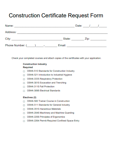 sample construction certificate request form template