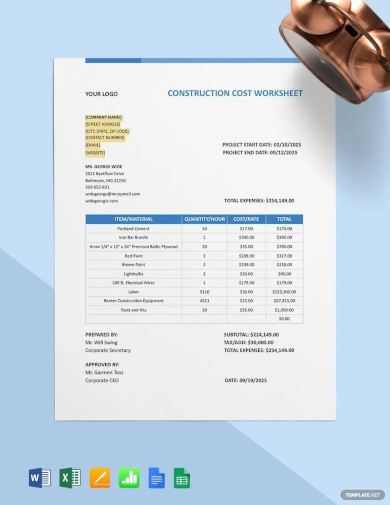 sample construction cost worksheet template