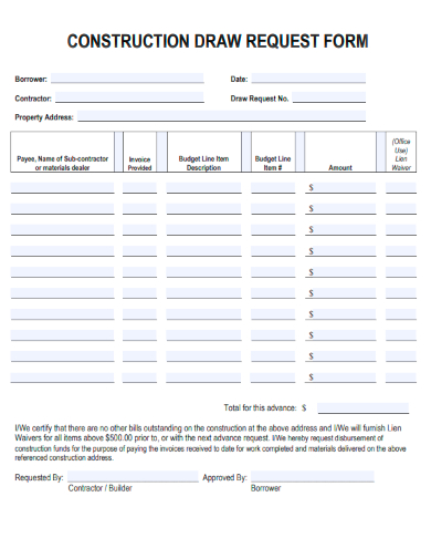 sample construction draw request form template