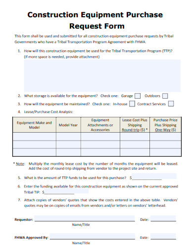 sample construction equipment purchase request form template