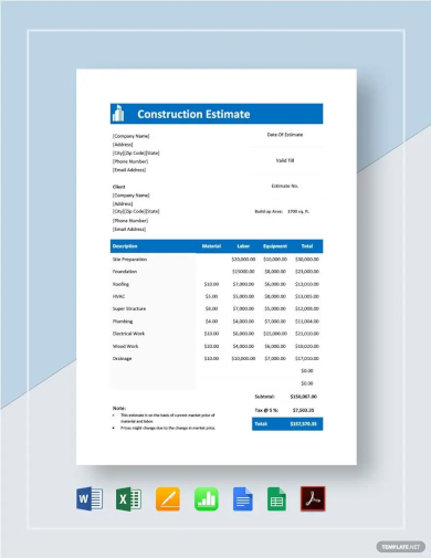 sample construction estimate template